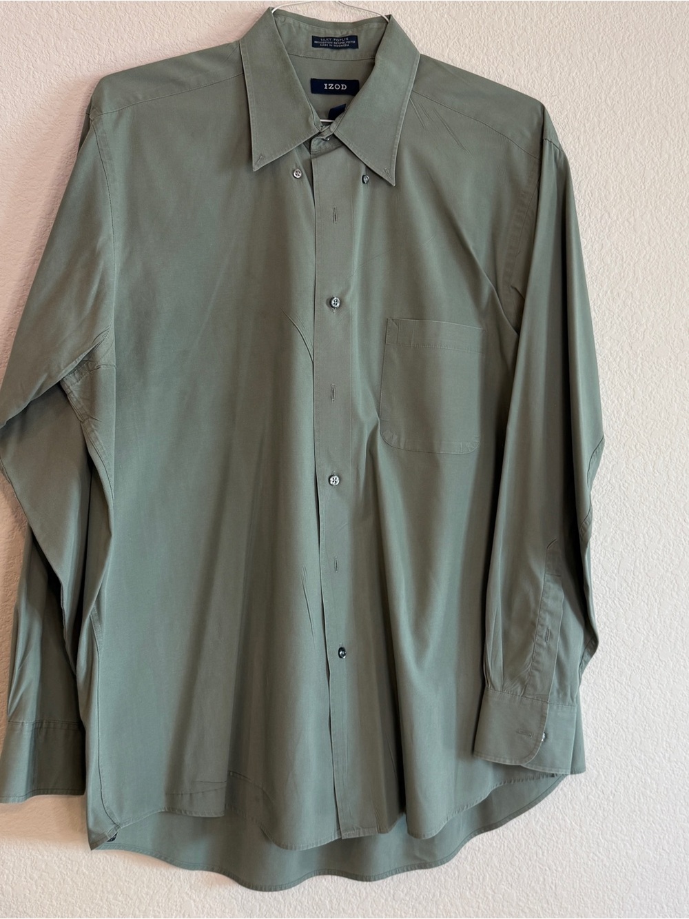 IZOD Silky Poplin Easy Care Dress Shirt Olive Sage Green XL 17 34/35